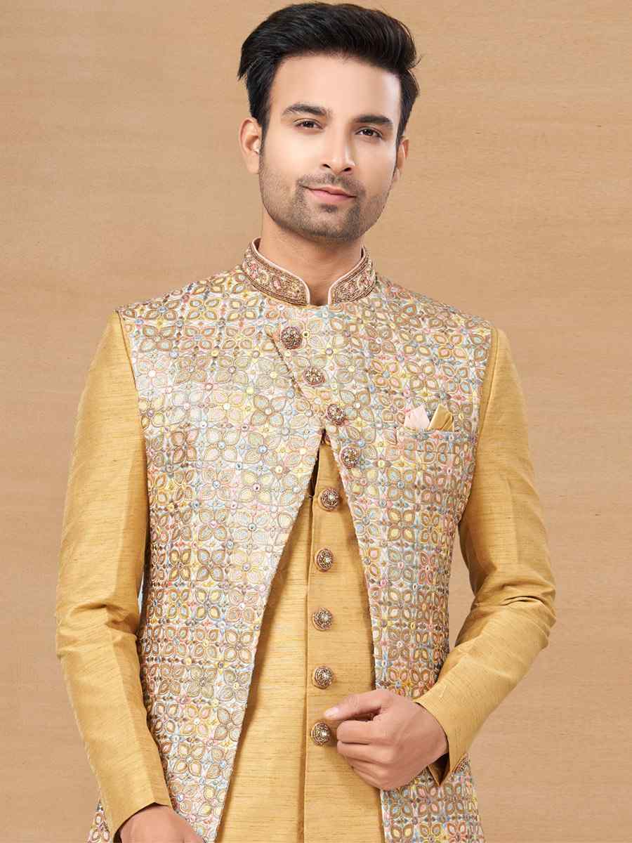 Gold Art Silk Woven Festival Wedding Sherwani