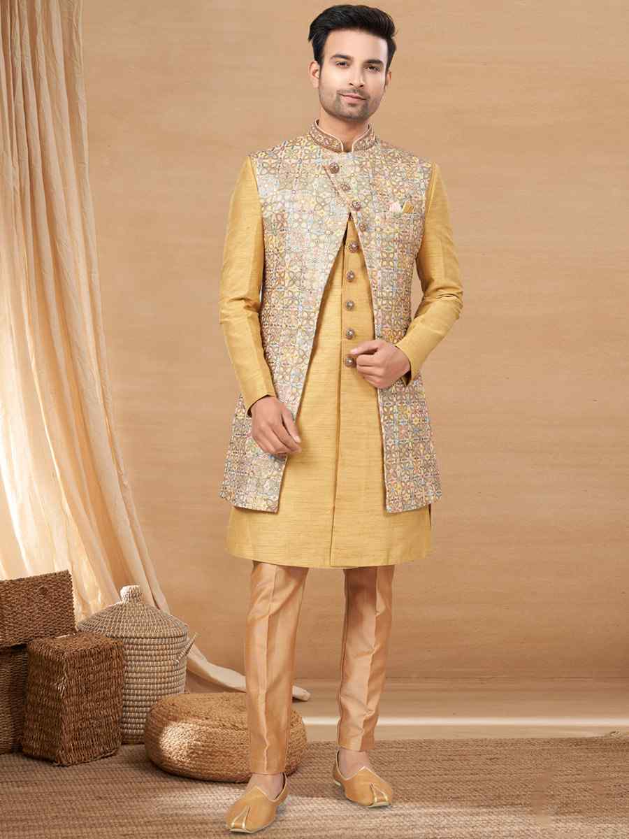 Gold Art Silk Woven Festival Wedding Sherwani