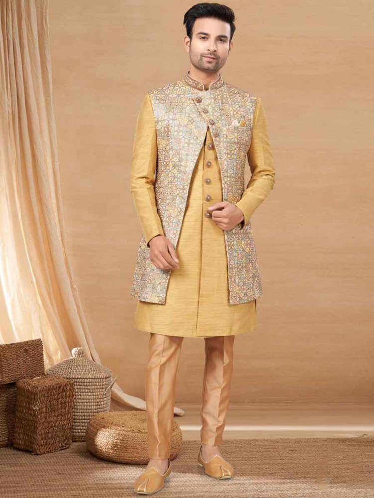 Gold Art Silk Woven Festival Wedding Sherwani