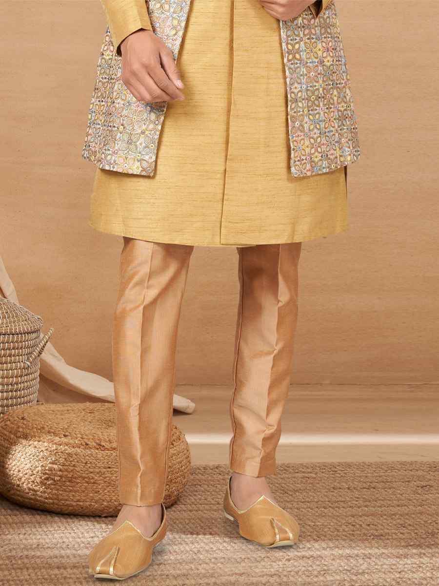 Gold Art Silk Woven Festival Wedding Sherwani