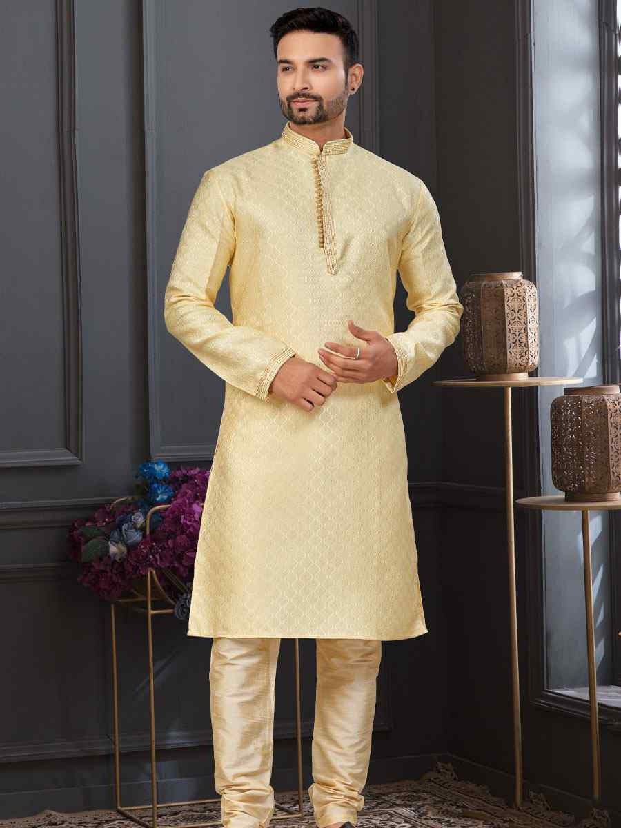 Gold Banarasi Jackard Embroidery Festival Wedding Party Mens Kurta