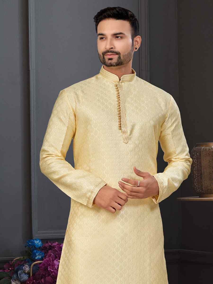 Gold Banarasi Jackard Embroidery Festival Wedding Party Mens Kurta