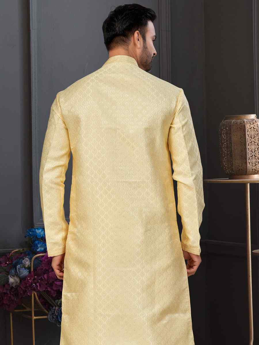 Gold Banarasi Jackard Embroidery Festival Wedding Party Mens Kurta