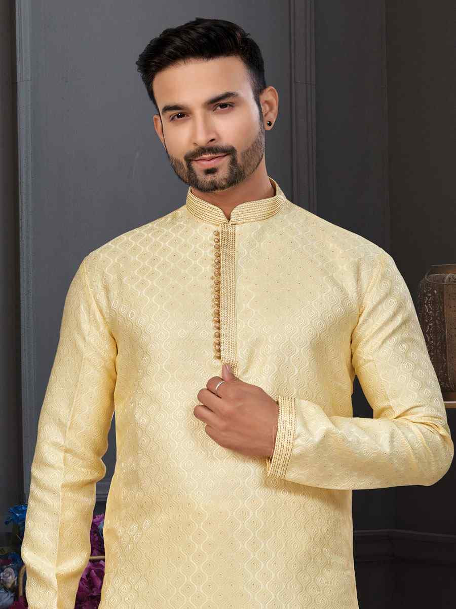 Gold Banarasi Jackard Embroidery Festival Wedding Party Mens Kurta