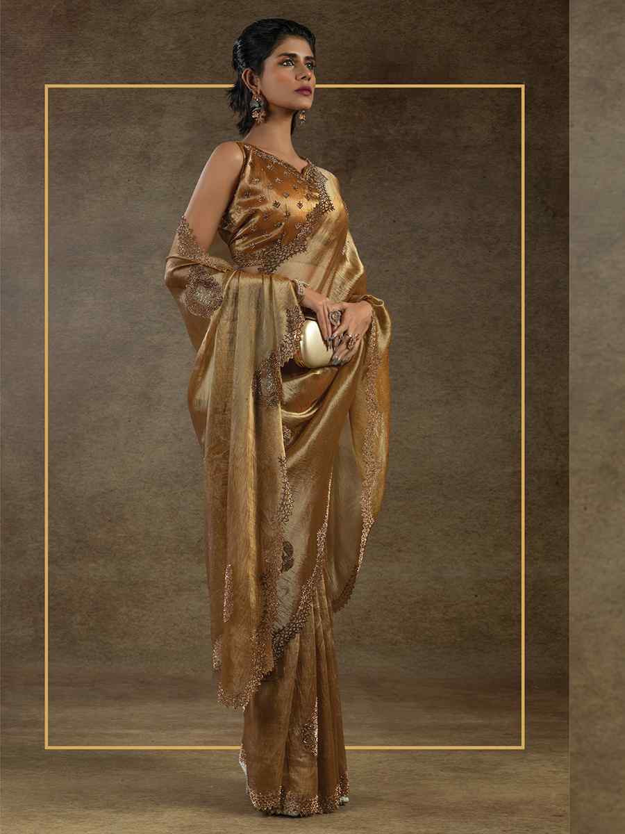 Gold Banarasi Silk Embroidered Festival Wedding Fancy Heavy Border Saree