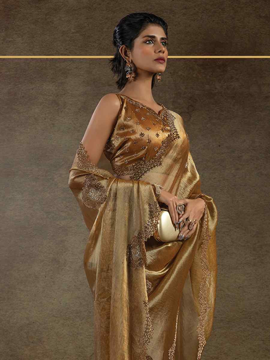 Gold Banarasi Silk Embroidered Festival Wedding Fancy Heavy Border Saree