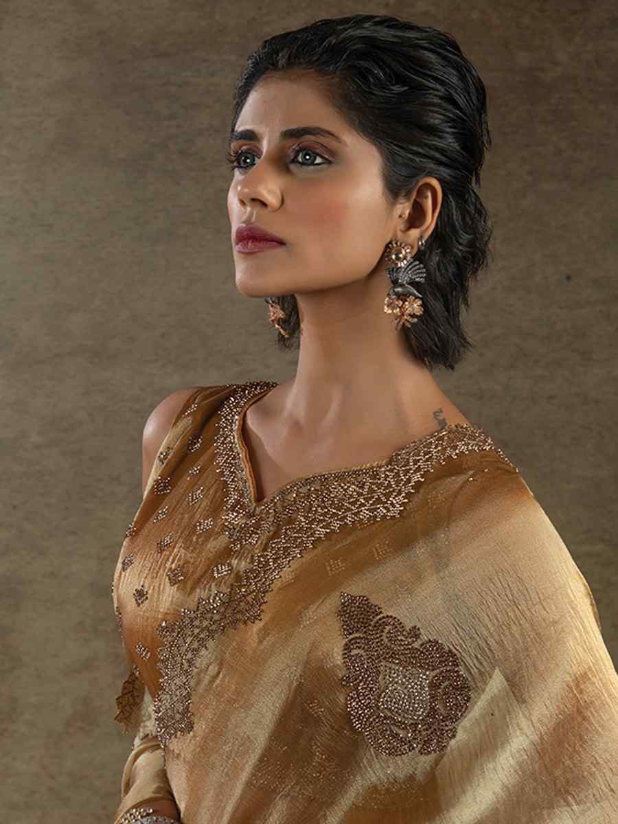 Gold Banarasi Silk Embroidered Festival Wedding Fancy Heavy Border Saree