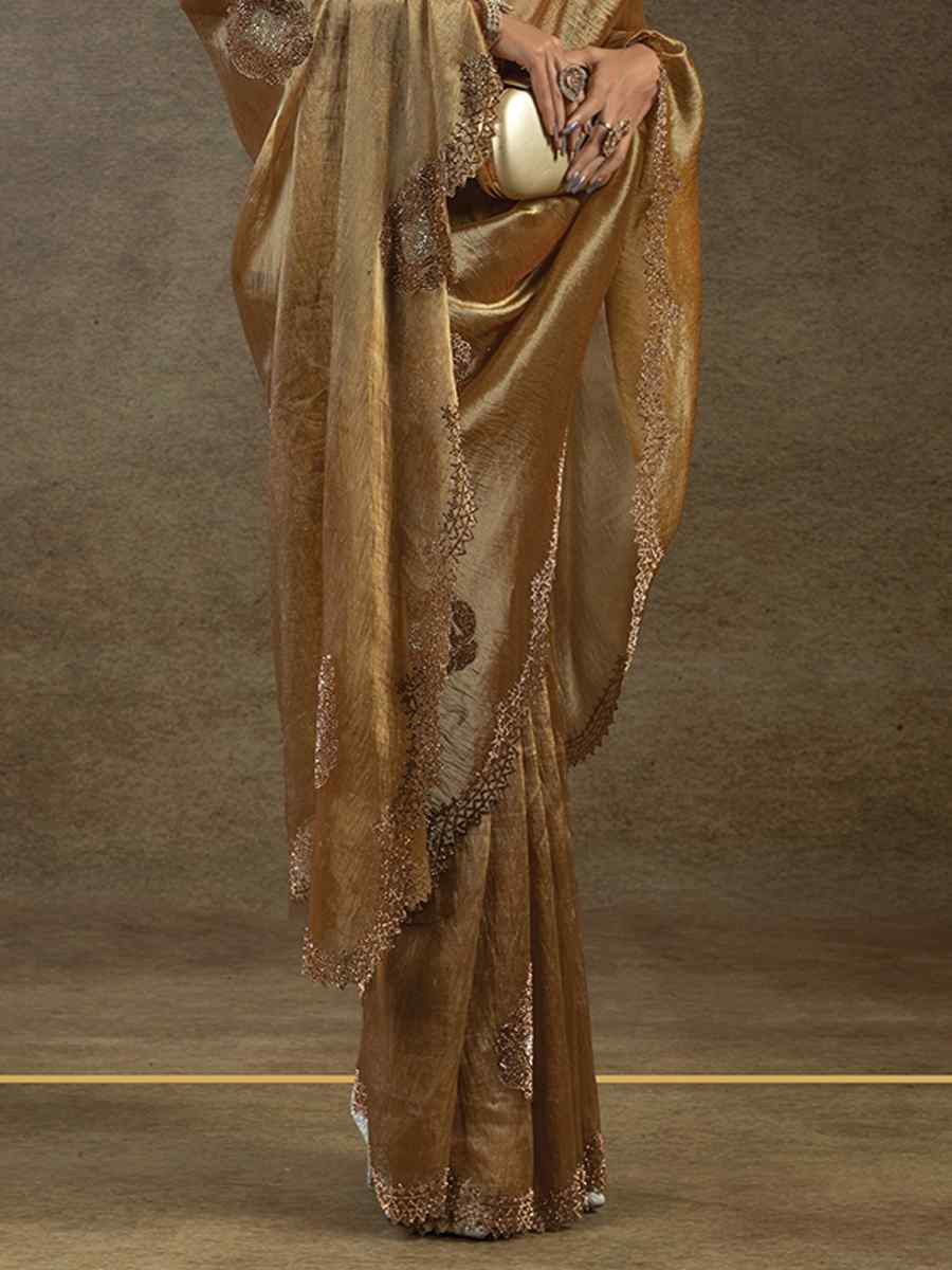 Gold Banarasi Silk Embroidered Festival Wedding Fancy Heavy Border Saree