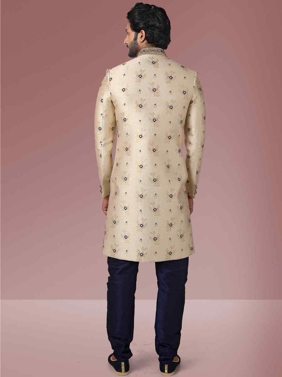 Gold Blue Jacquard Silk Brocade Embroidered Party Chudidar Sherwani