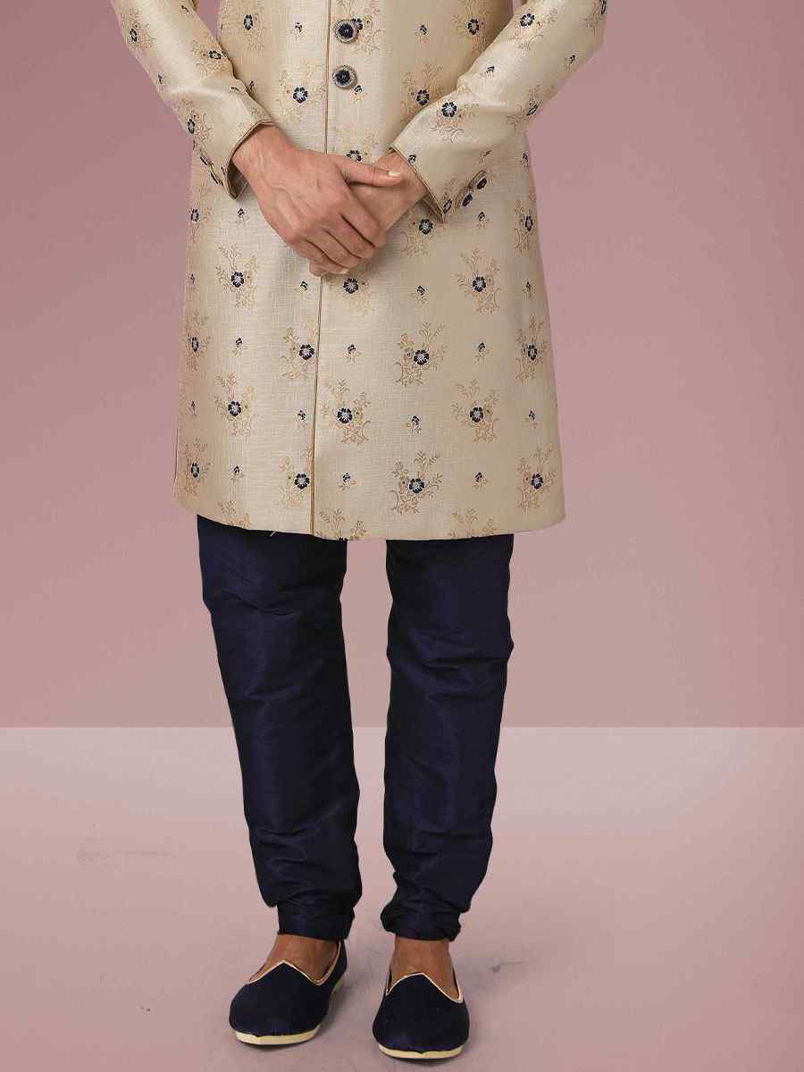 Gold Blue Jacquard Silk Brocade Embroidered Party Chudidar Sherwani