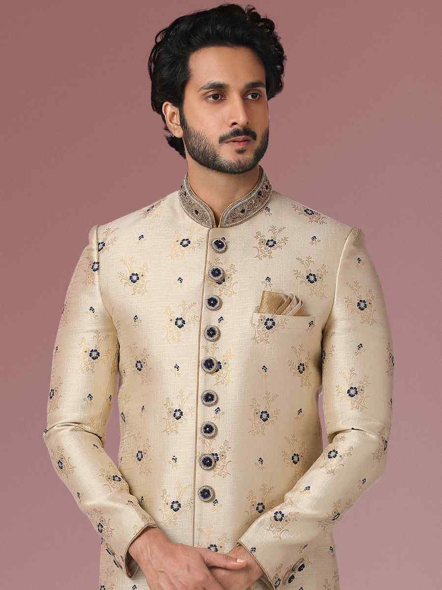 Gold Blue Jacquard Silk Brocade Embroidered Party Chudidar Sherwani