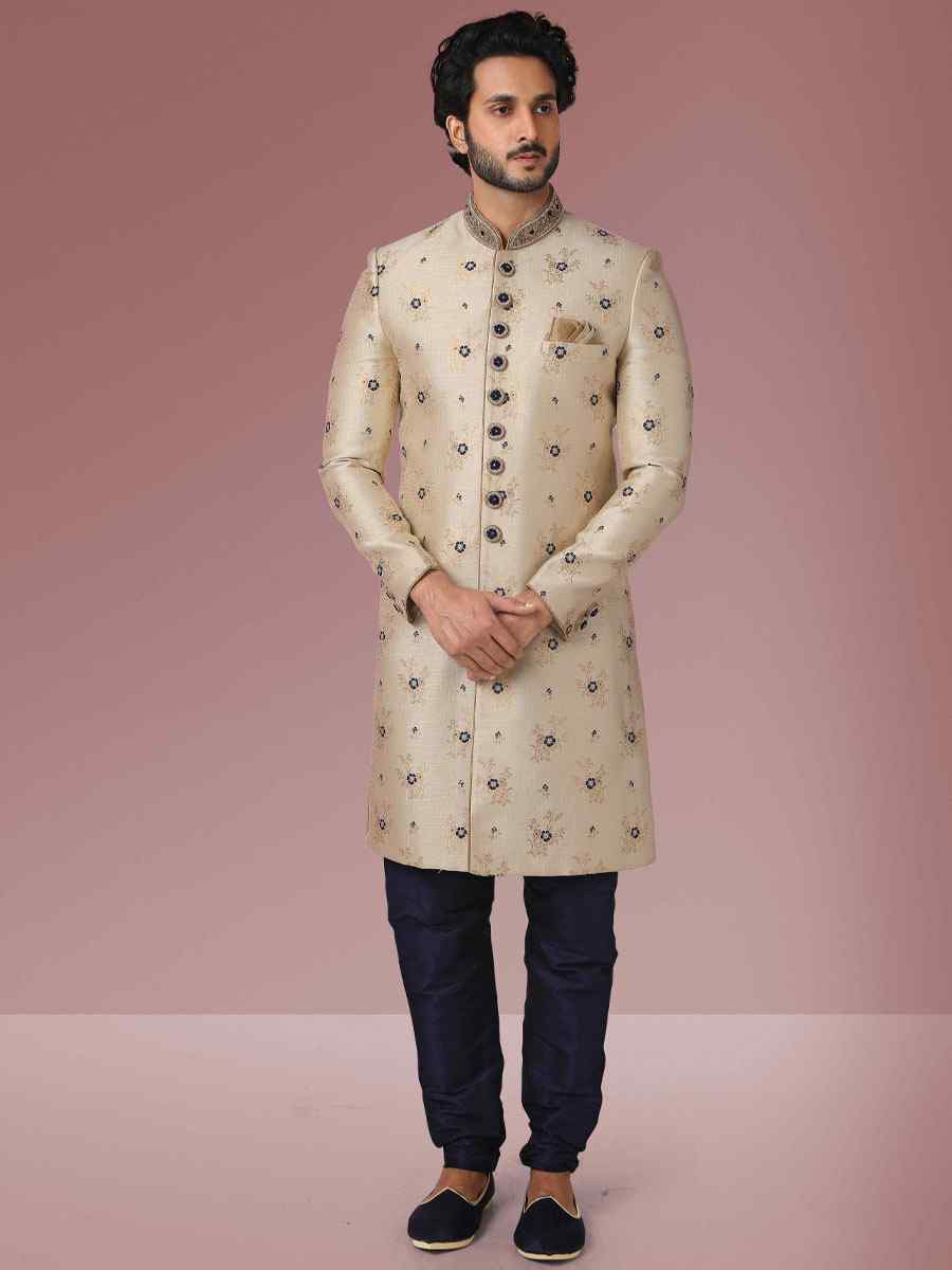 Gold Blue Jacquard Silk Brocade Embroidered Party Chudidar Sherwani