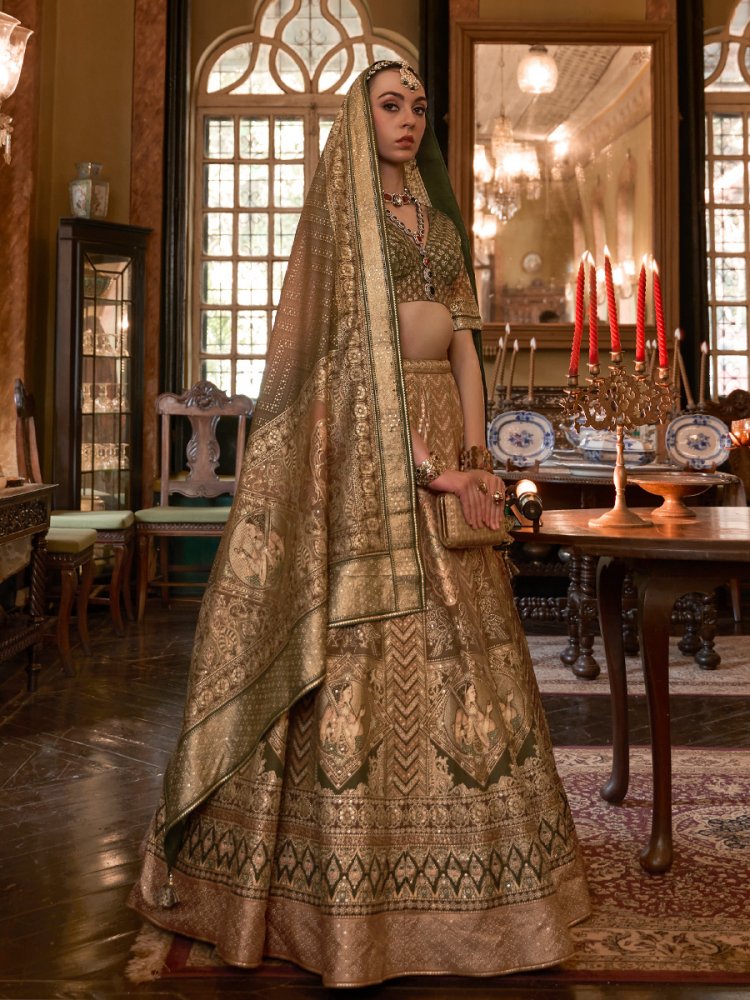Gold Brown Smooth Rajvadi Silk Embroidered Bridal Wedding Ready Heavy Border Lehenga Choli