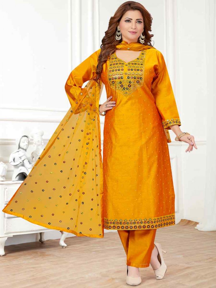 Gold Chanderi Silk Embroidered Festival Wedding Pant Salwar Kameez