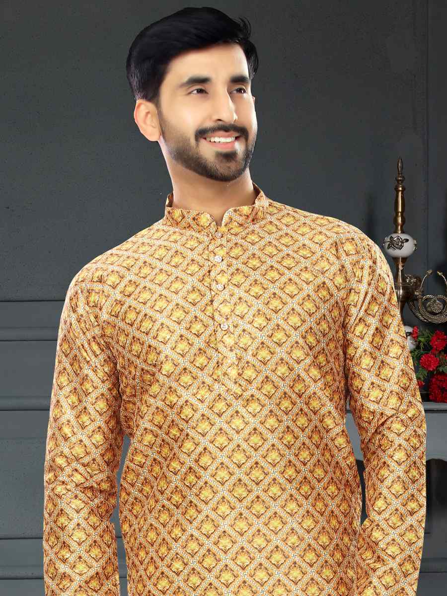 Gold Chiku Silk Printed Festival Party Kurta