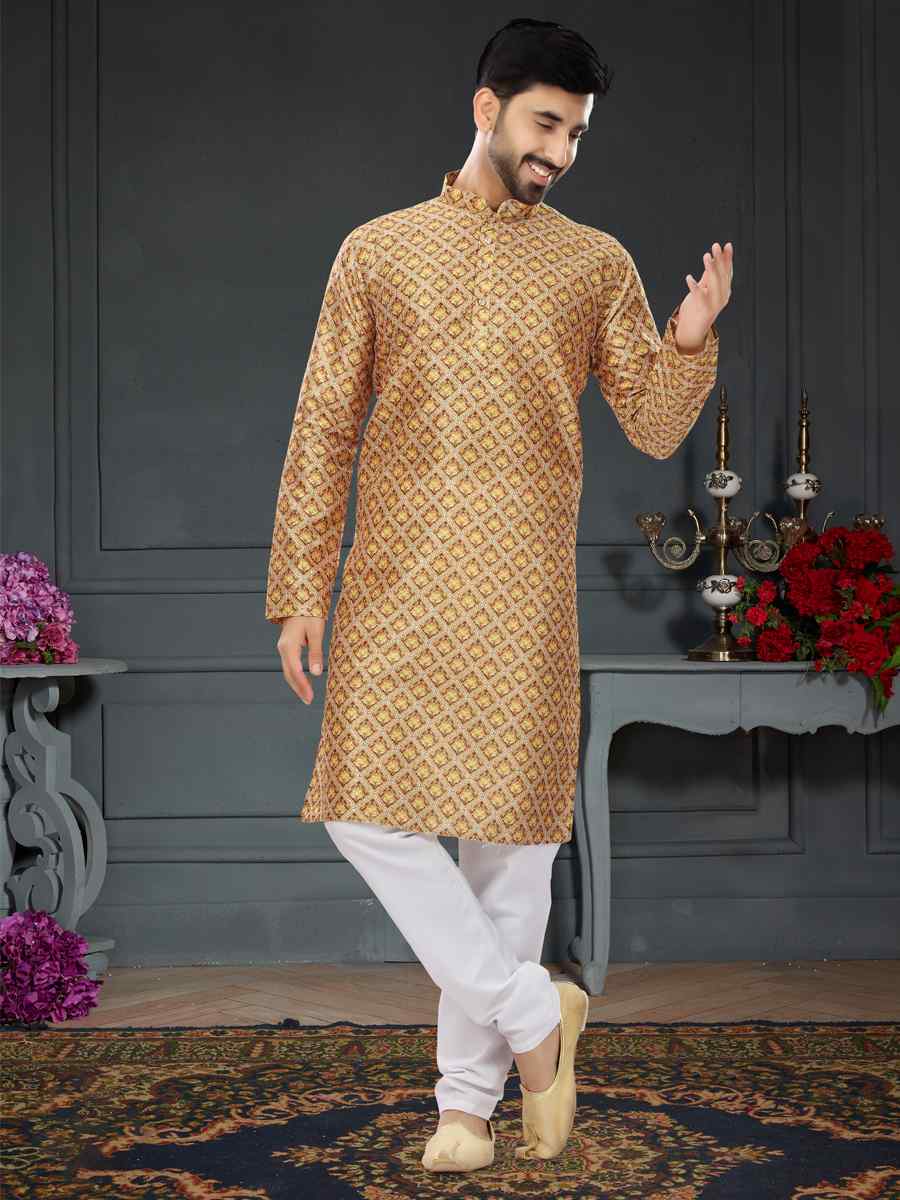 Gold Chiku Silk Printed Festival Party Kurta