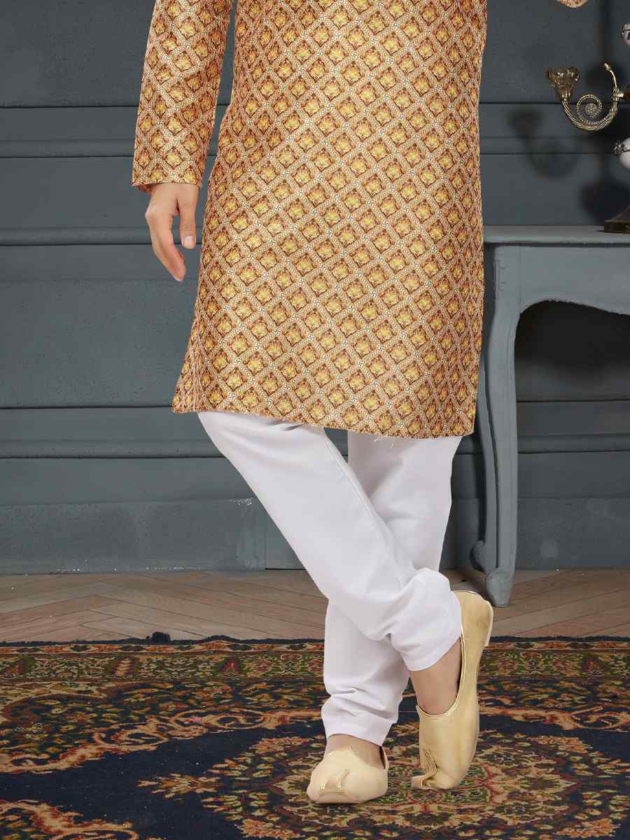 Gold Chiku Silk Printed Festival Party Kurta