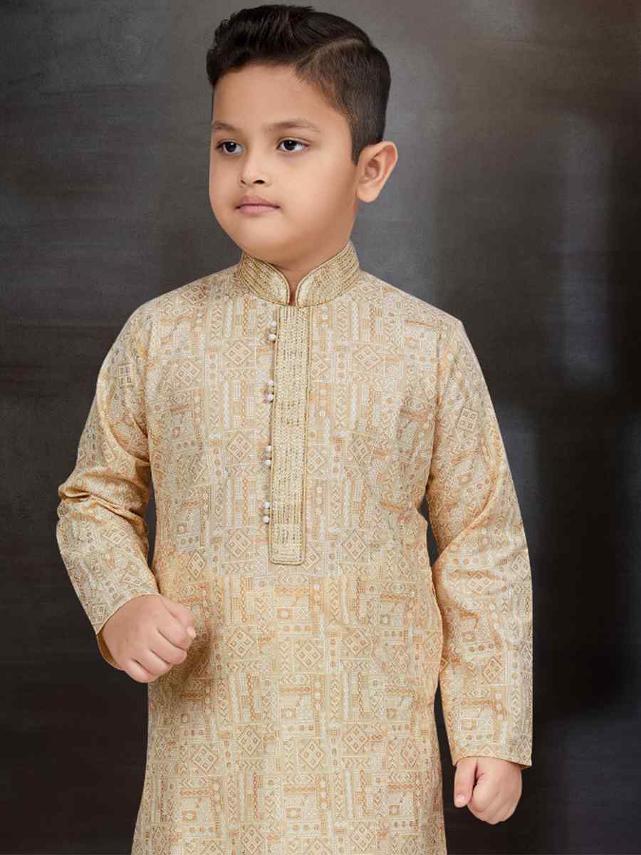 Gold Cotton Printed Festival Traditional Kurta Pyjama Boys Wear