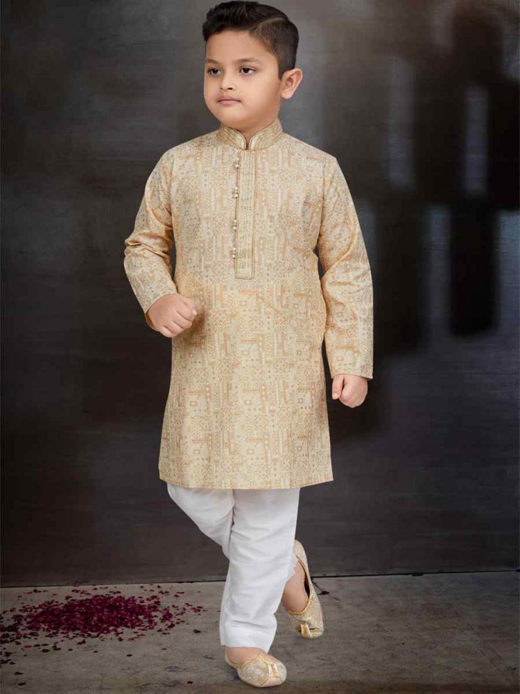 Gold Cotton Printed Festival Traditional Kurta Pyjama Boys Wear