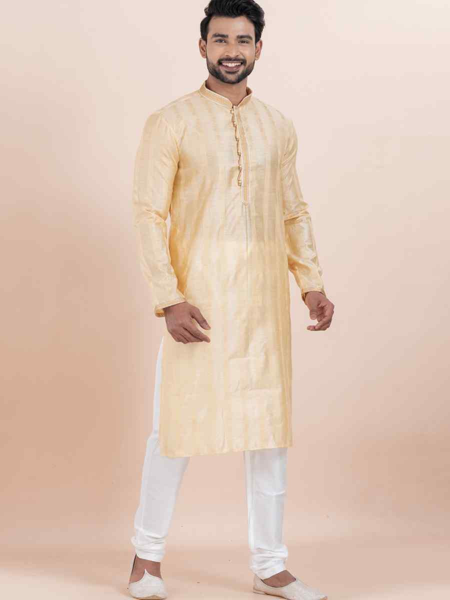 Gold Cotton Silk Jacquard Embroidered Festival Wedding Kurta Pyjama Men039s Wear