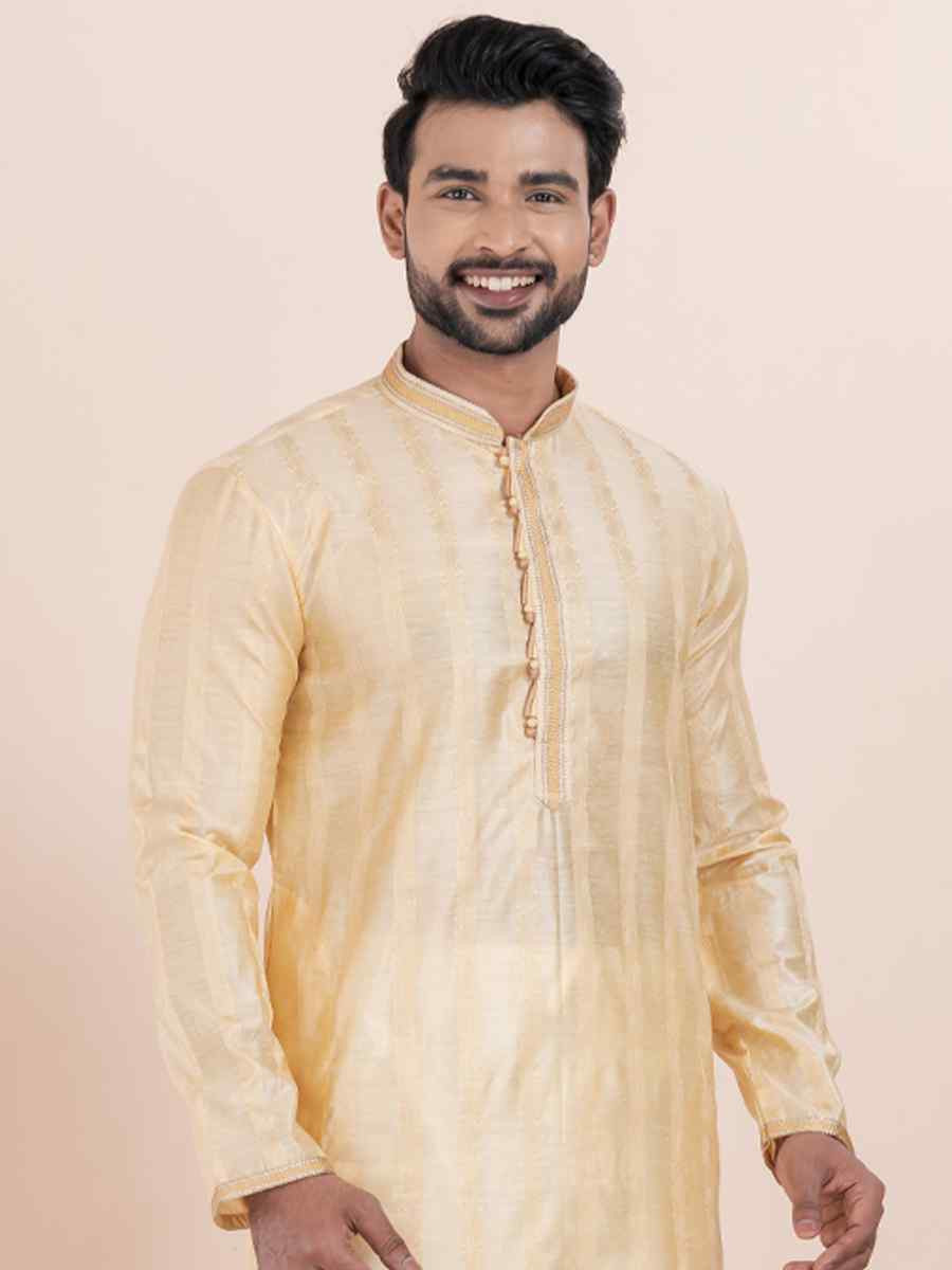 Gold Cotton Silk Jacquard Embroidered Festival Wedding Kurta Pyjama Men039s Wear