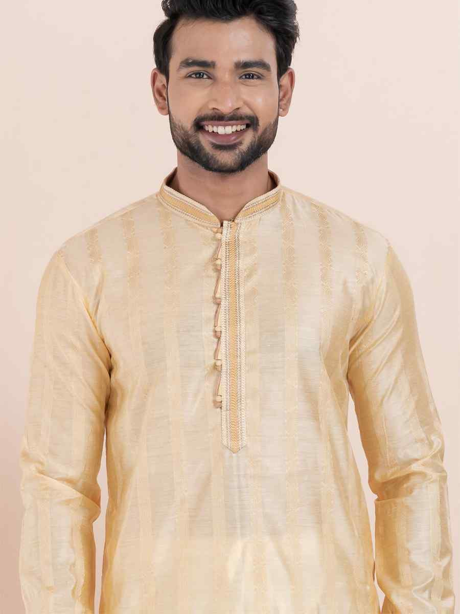 Gold Cotton Silk Jacquard Embroidered Festival Wedding Kurta Pyjama Men039s Wear