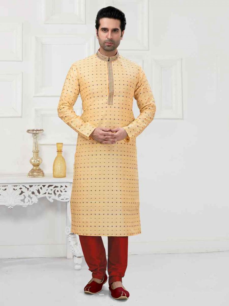 Gold Cotton Woven Festival Wedding Kurta