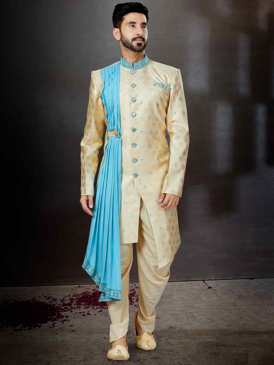 Gold Croma Heavy Jacquard Embroidered Festival Wedding Sherwani