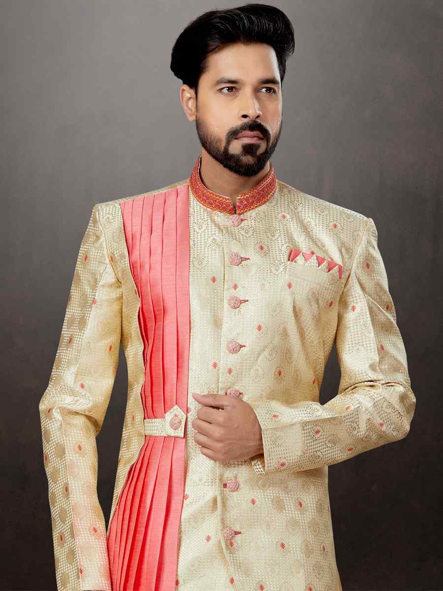 Gold Croma Heavy Jacquard Embroidered Festival Wedding Sherwani