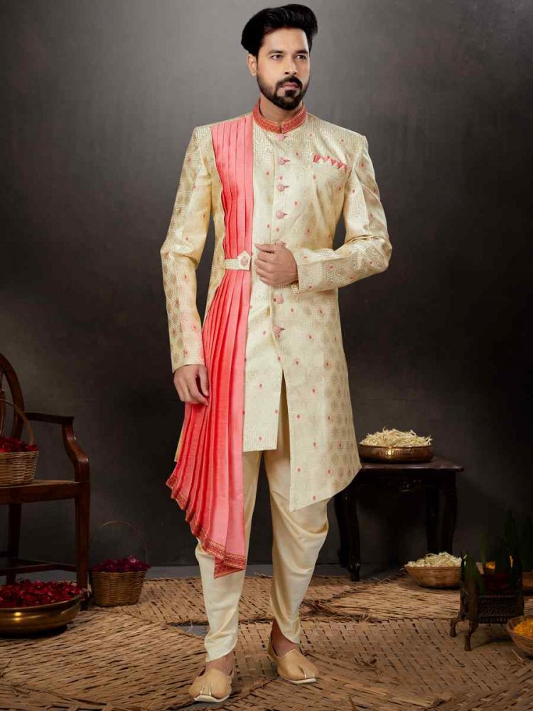 Gold Croma Heavy Jacquard Embroidered Festival Wedding Sherwani