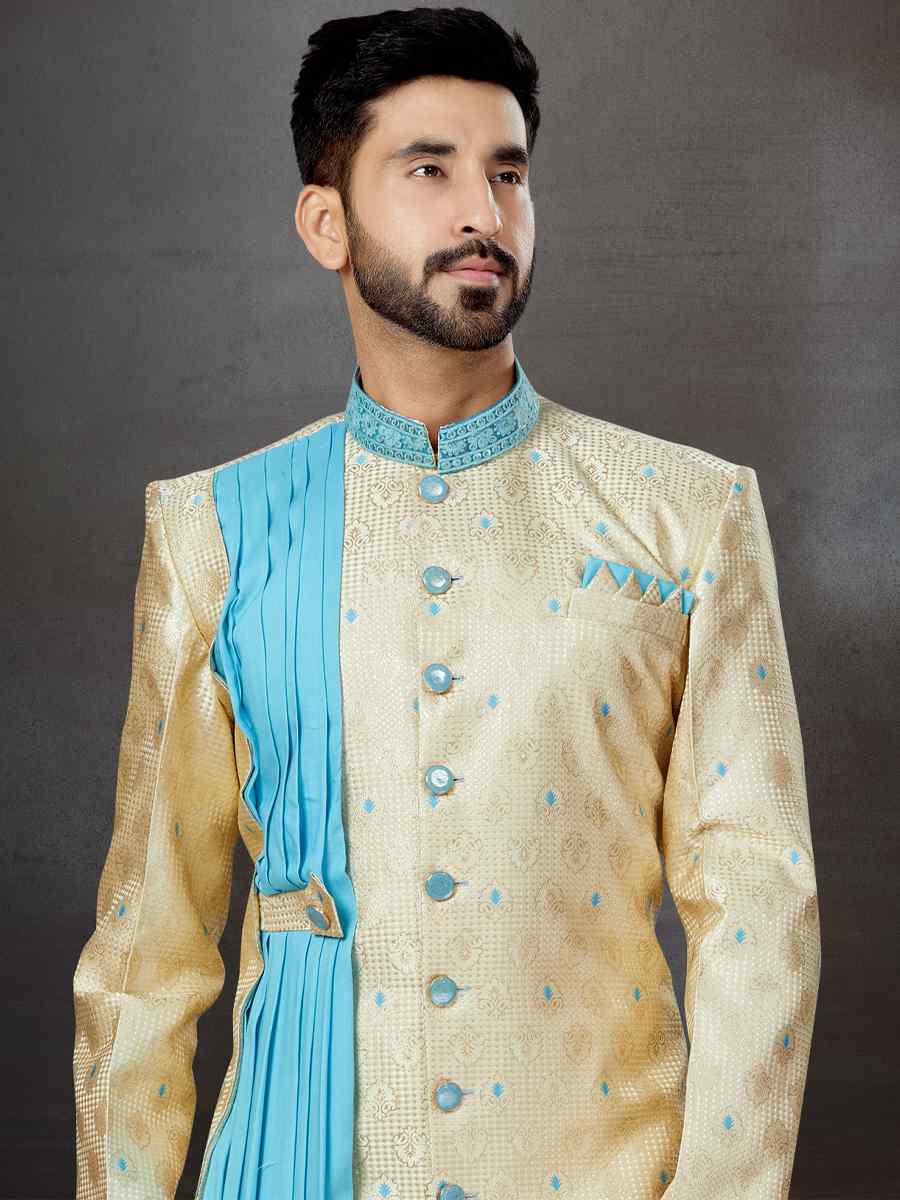 Gold Croma Heavy Jacquard Embroidered Festival Wedding Sherwani