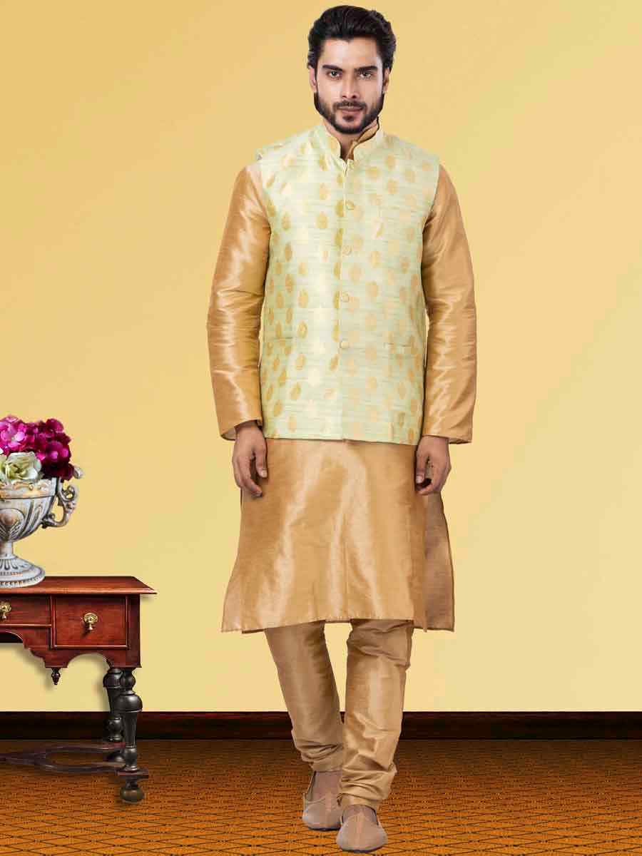 Gold Dhupion Raw Silk Woven Festival Wedding Kurta Waistcoat