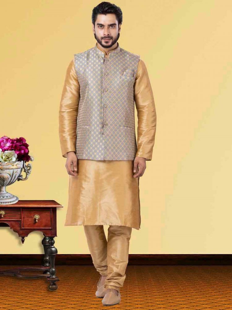 Gold Dhupion Raw Silk Woven Festival Wedding Kurta Waistcoat