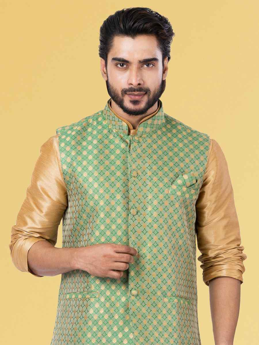 Gold Dhupion Raw Silk Woven Festival Wedding Kurta Waistcoat