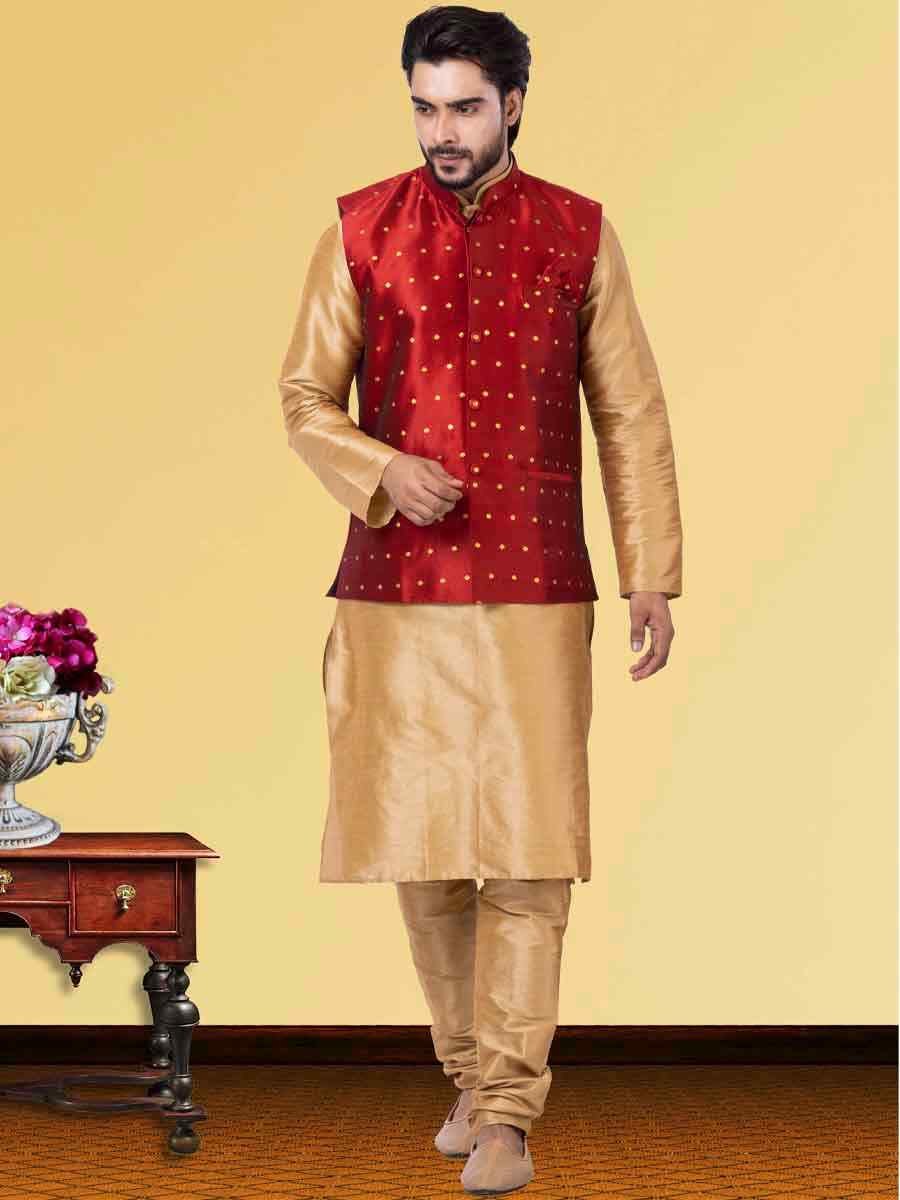 Gold Dhupion Raw Silk Woven Festival Wedding Kurta Waistcoat