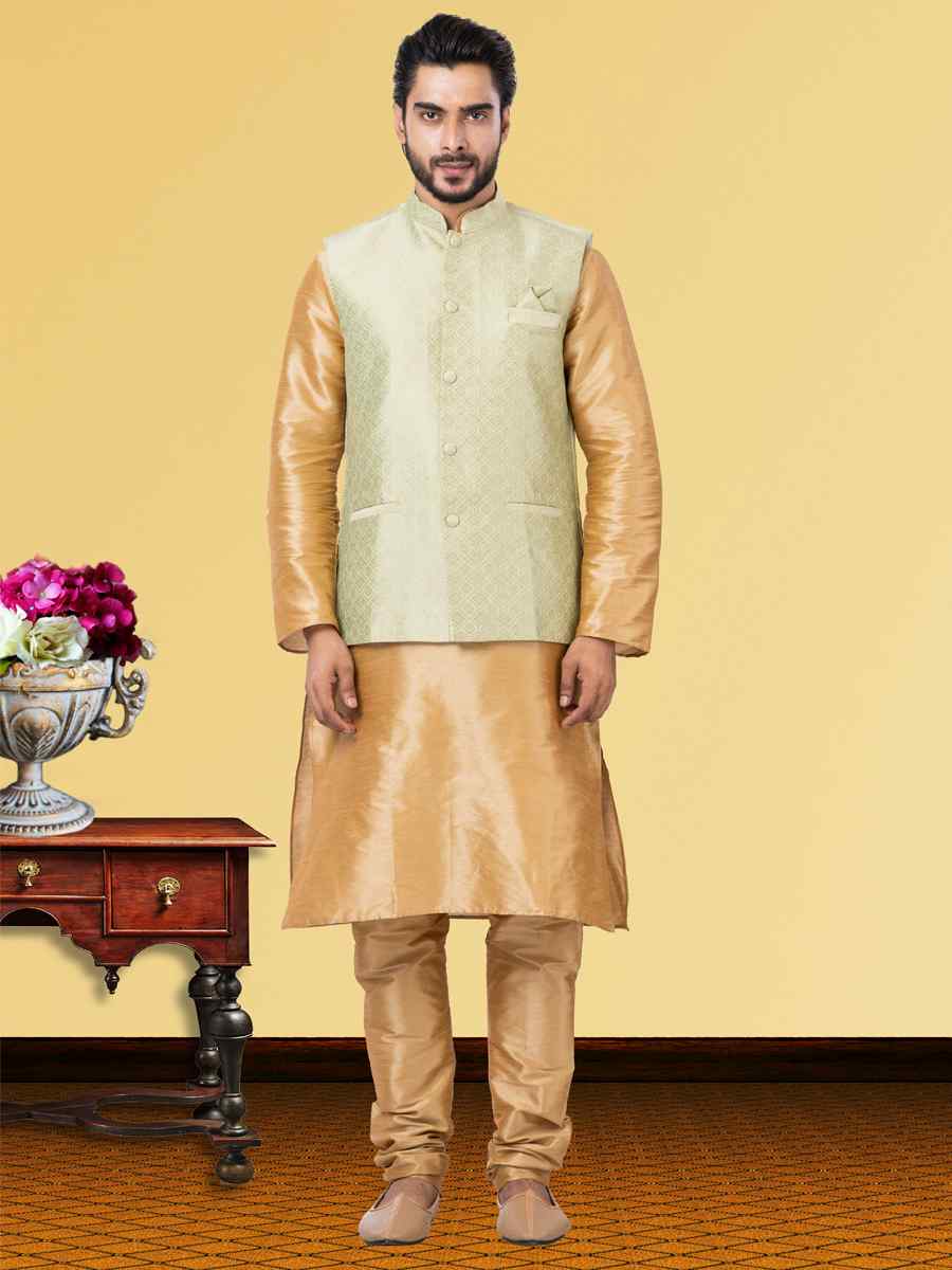 Gold Dhupion Raw Silk Woven Festival Wedding Kurta Waistcoat