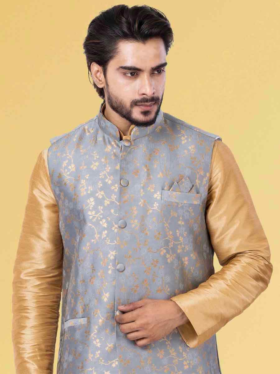 Gold Dhupion Raw Silk Woven Festival Wedding Kurta Waistcoat