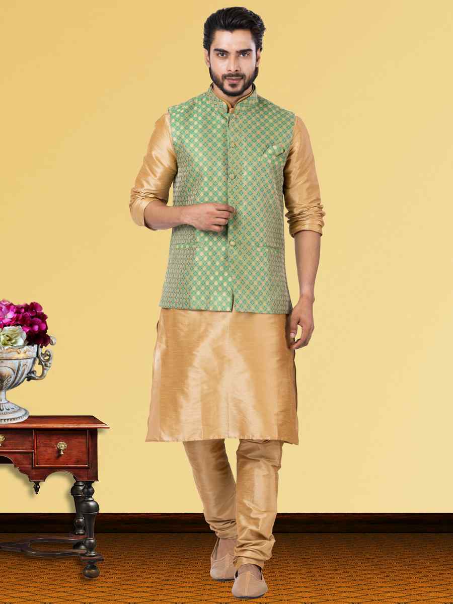 Gold Dhupion Raw Silk Woven Festival Wedding Kurta Waistcoat