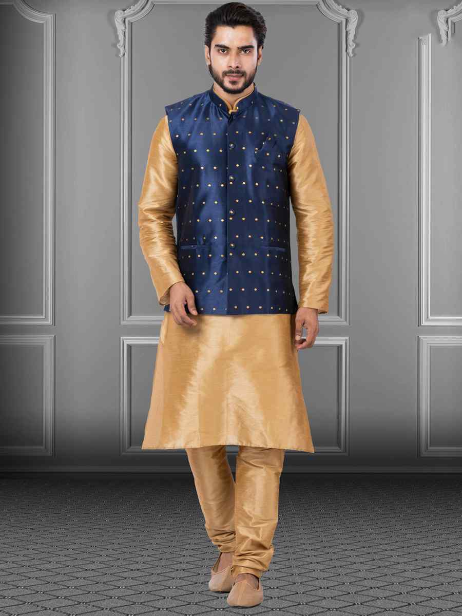 Gold Dhupion Raw Silk Woven Festival Wedding Kurta Waistcoat