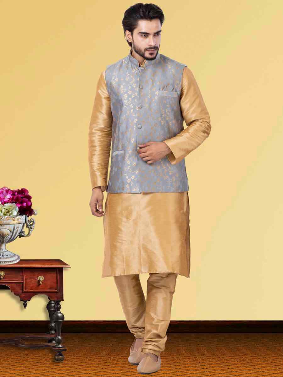 Gold Dhupion Raw Silk Woven Festival Wedding Kurta Waistcoat