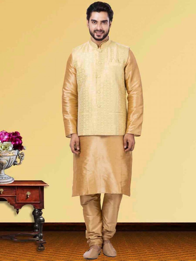 Gold Dhupion Raw Silk Woven Festival Wedding Kurta Waistcoat