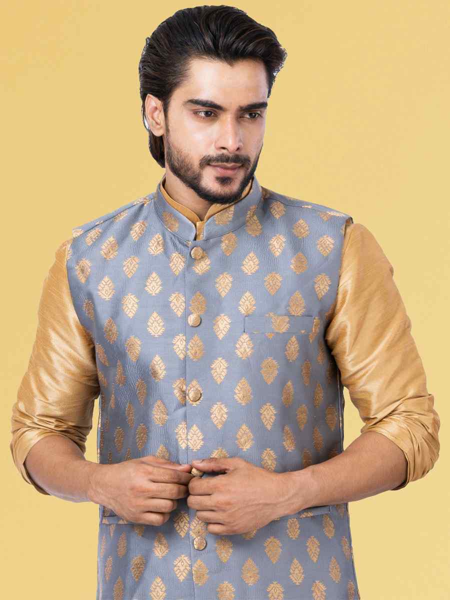 Gold Dhupion Raw Silk Woven Festival Wedding Kurta Waistcoat