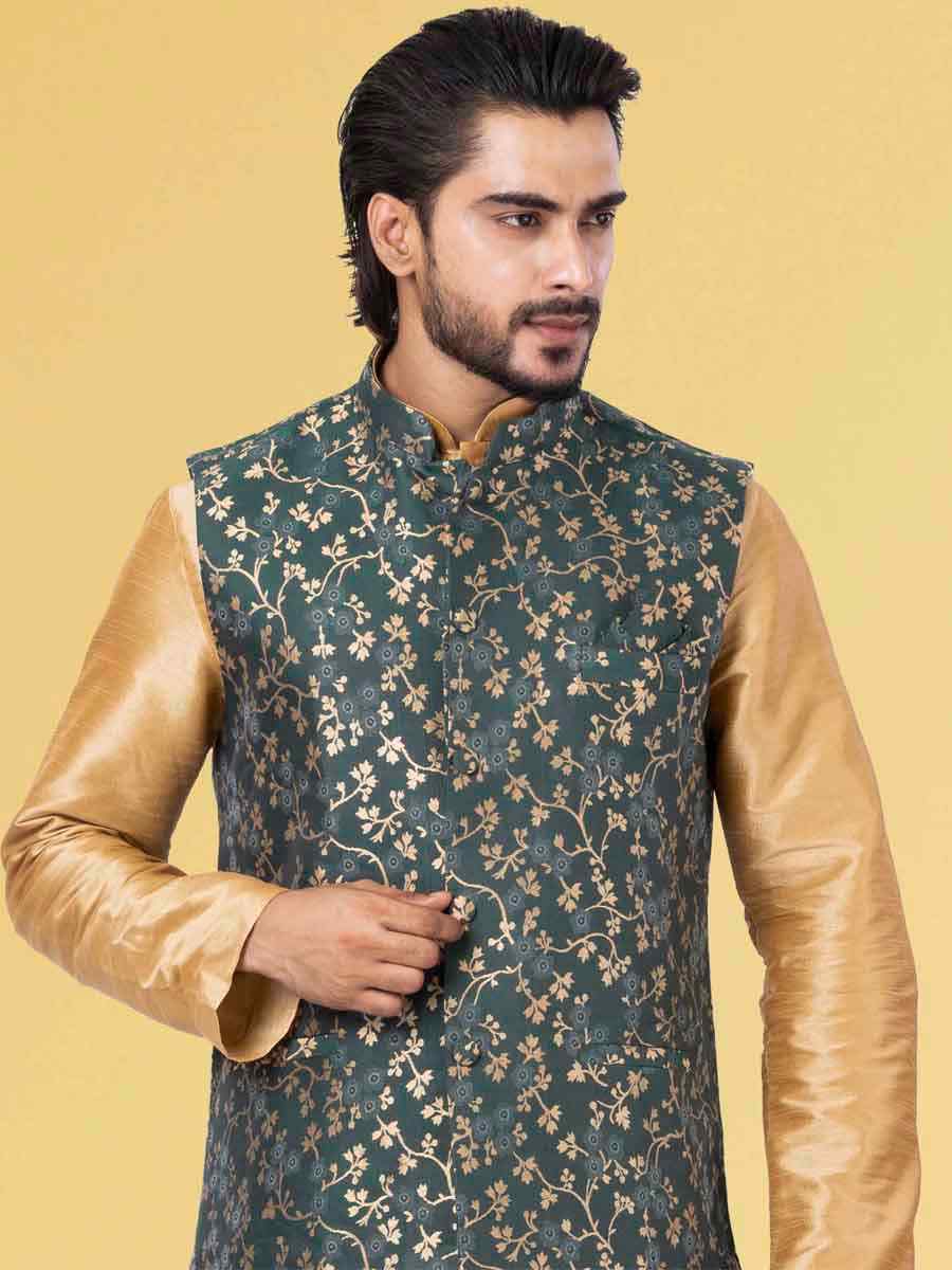 Gold Dhupion Raw Silk Woven Festival Wedding Kurta Waistcoat