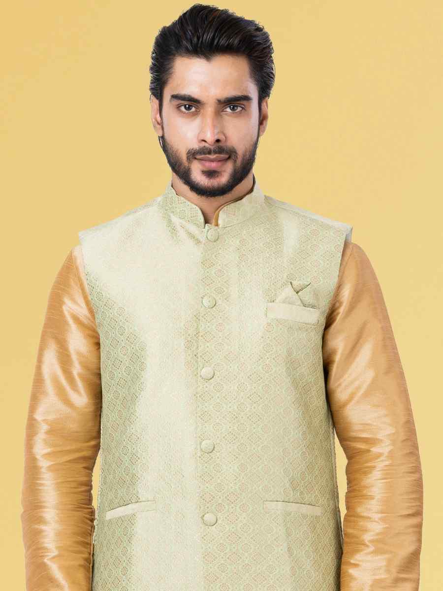 Gold Dhupion Raw Silk Woven Festival Wedding Kurta Waistcoat