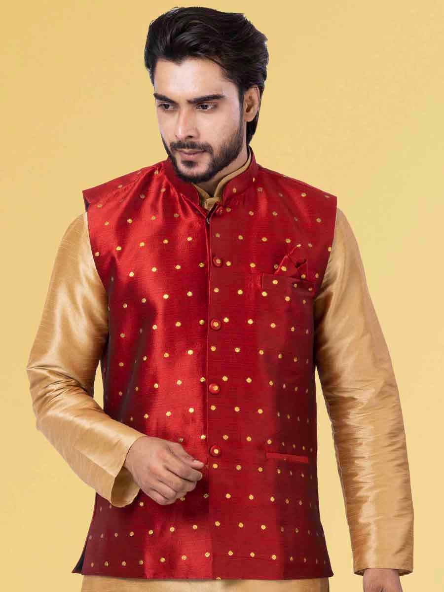 Gold Dhupion Raw Silk Woven Festival Wedding Kurta Waistcoat