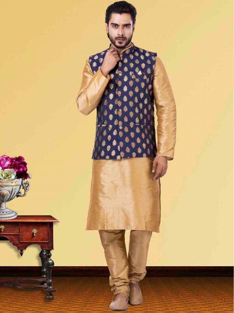 Gold Dhupion Raw Silk Woven Festival Wedding Kurta Waistcoat