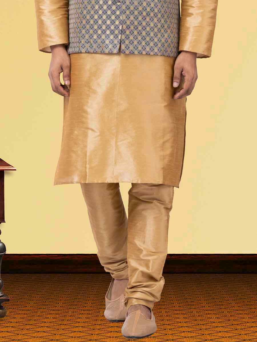 Gold Dhupion Raw Silk Woven Festival Wedding Kurta Waistcoat