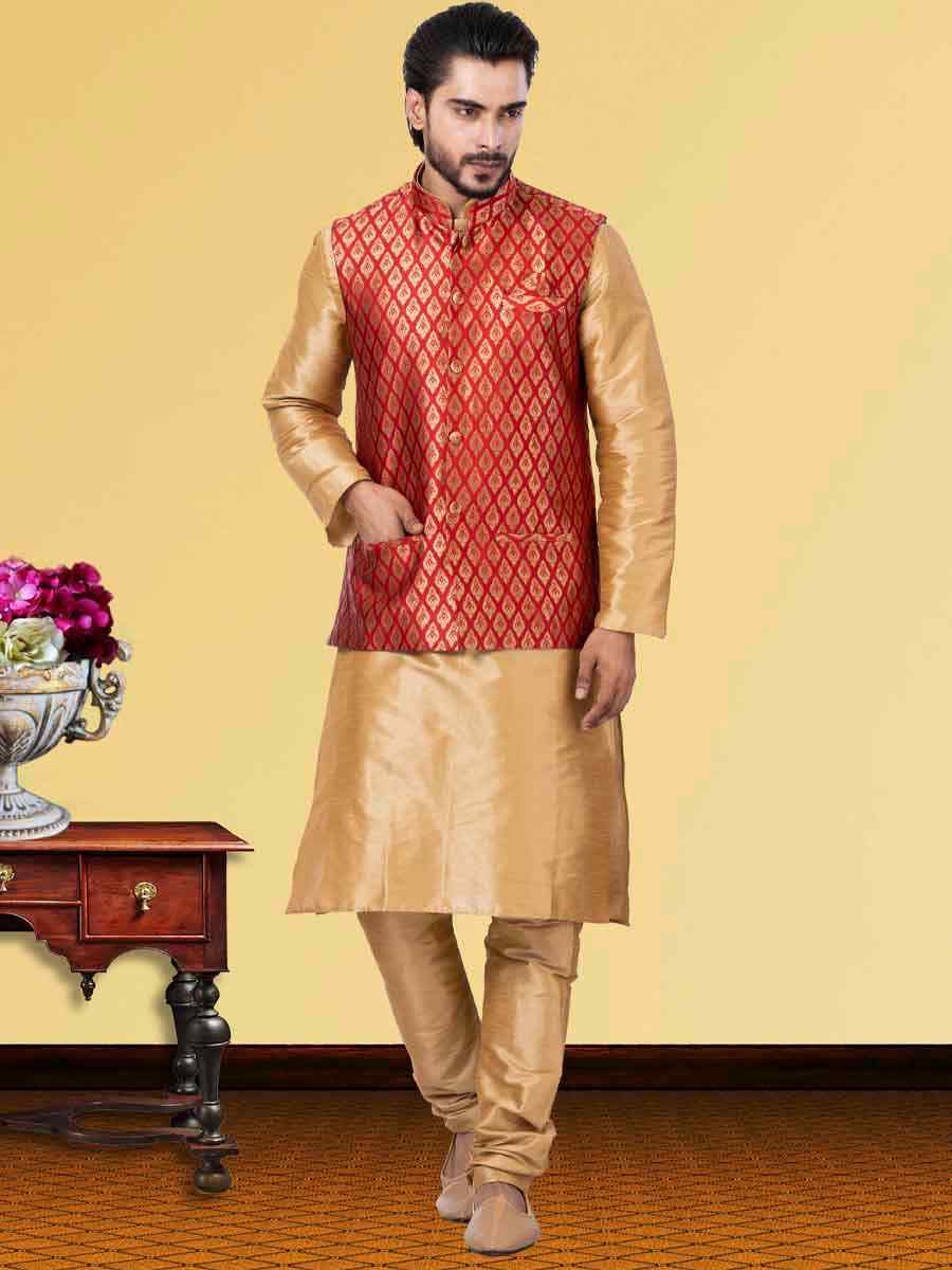 Gold Dhupion Raw Silk Woven Festival Wedding Kurta Waistcoat
