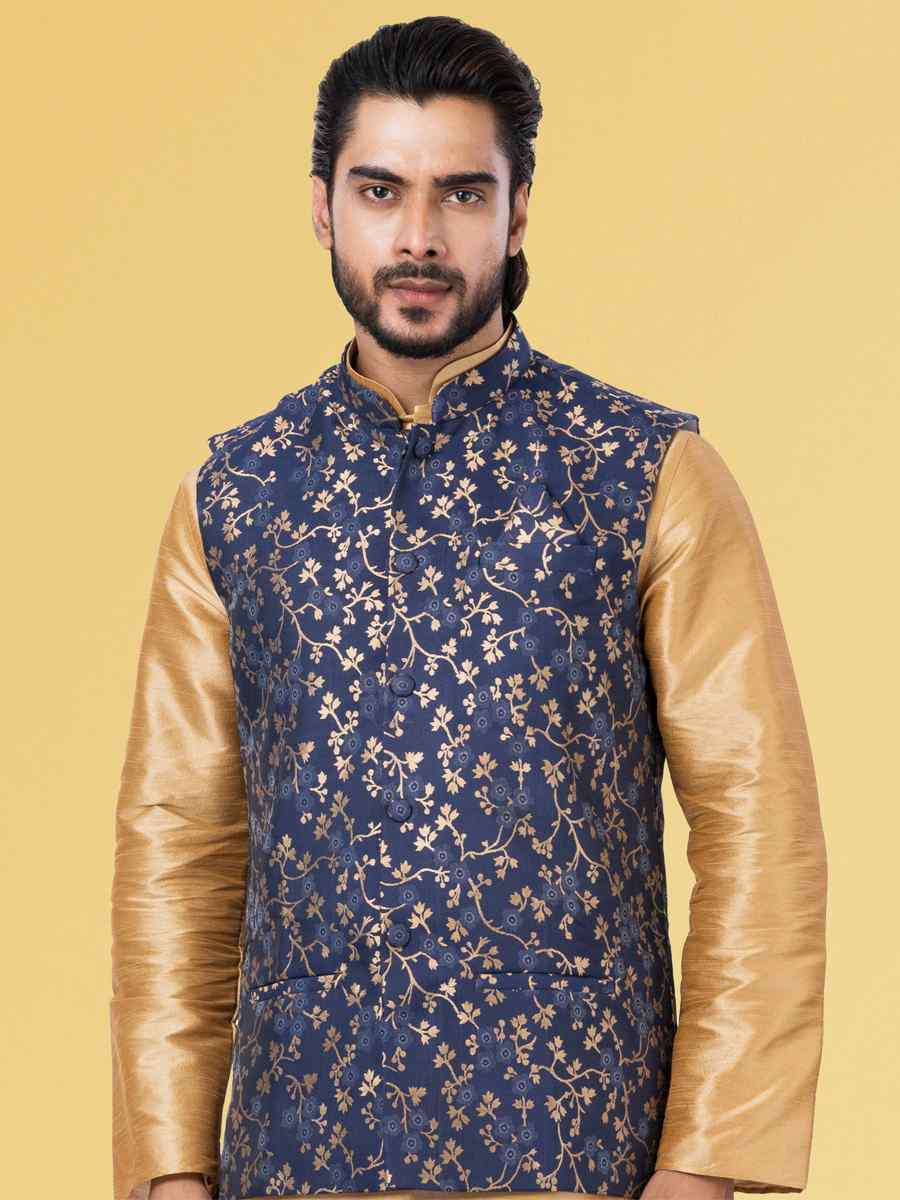 Gold Dhupion Raw Silk Woven Festival Wedding Kurta Waistcoat