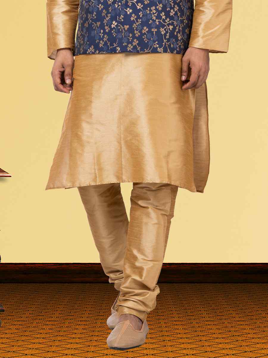 Gold Dhupion Raw Silk Woven Festival Wedding Kurta Waistcoat